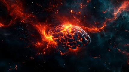 Fototapeta premium Fiery brain in space, cosmic neural fire, burning galaxy mind