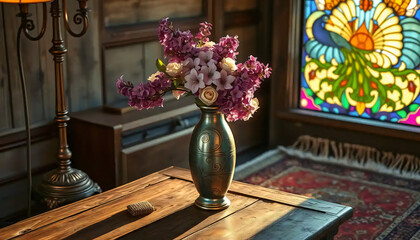 A_icon_of_In_an_enchanting_twilight,_a_verdigris_copper_vase,_adorned_with_sinuous_organic_patterns,_stands_at_the_heart_of_a_rustic_wooden_table Generative AI