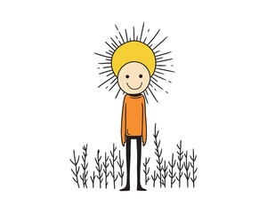 Smiling Figure with Radiant Sun and Plants. 