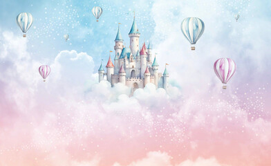 Background for the holiday. Wall decor. Baby wallpaper. A magical land. Beautiful castle in the clouds. A cute child's landscape.