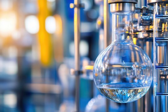 Clear laboratory glassware in a modern lab setting, showcasing science equipment with beautiful bokeh effect highlighting flasks and test tubes in warm tones.
