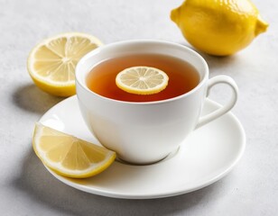 Tea with Lemon Slice in White Cup and Saucer