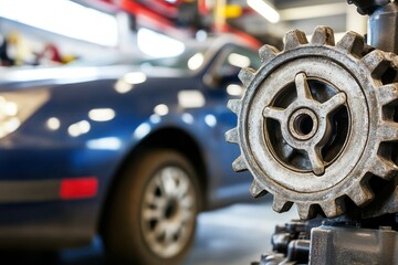 Close-Up of a Metal Gear Next to an Automobile in a Well-Lit Garage Environment Highlighting Industrial Elements and Mechanical Components in Daily Life