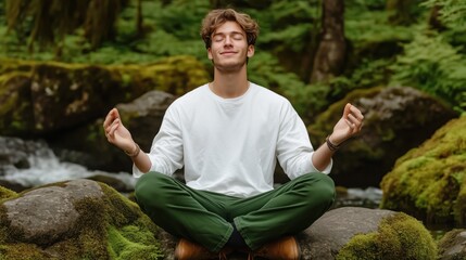 young man sits cross-legged on moss-covered rocks, practicing meditation in a serene natural setting with dense greenery and a flowing stream around him in bright daylight