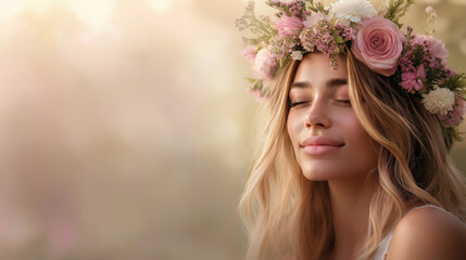 Naklejka premium Woman with pink rose crown and closed eyes in sunlight. Beauty and wellness concepts