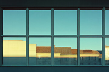 Naklejka premium Reflections of urban tranquility at sunset in a modern architectural space