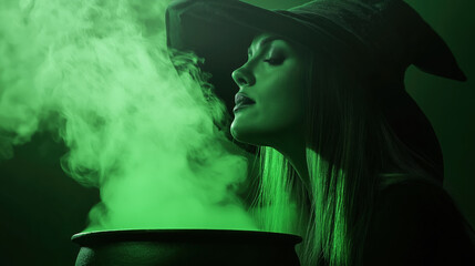 Woman with black hat and green smoke from cauldron. Halloween and witchcraft content