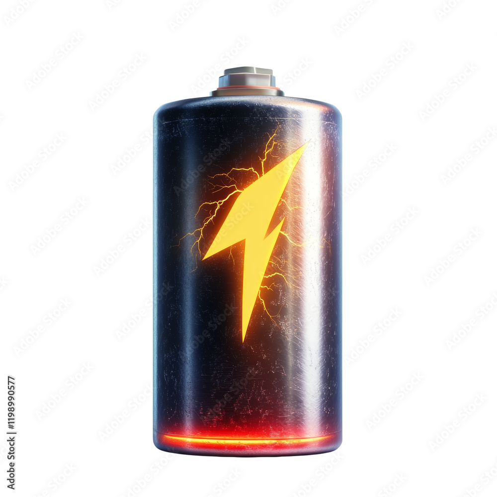Poster a 3d rendered image of a worn cylindrical battery with a glowing lightning bolt symbol indicating it