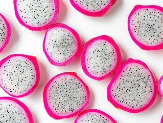Fototapeta premium Bright and Colorful Dragon Fruit Slices on White Background