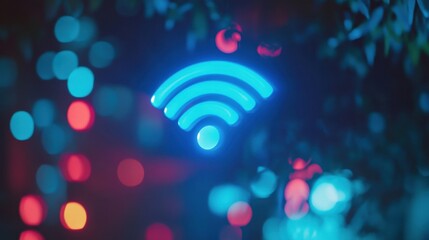 Blue Wi-Fi symbol glowing with blurred bokeh background, representing wireless internet connection and digital connectivity.