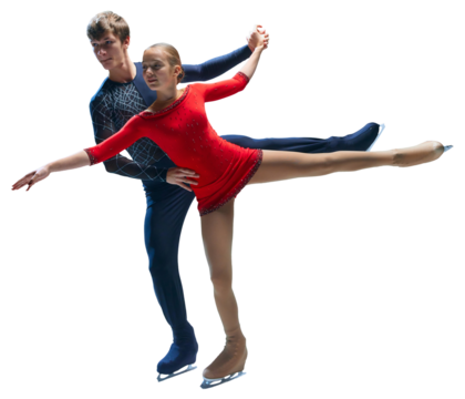 Male and female figure skating partners perform synchronized moves, showcasing their balance and athleticism against transparent background. Concept of winter sport, elegance and grace, championship