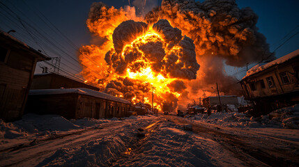 Gigantische Explosion in verschneiter Stadtlandschaft mit gewaltiger Feuerwolke und zerstörten Gebäuden bei dramatischer Atmosphäre  
