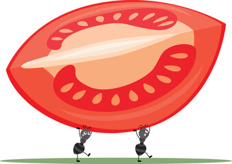 Cute two ants carrying a tomato piece