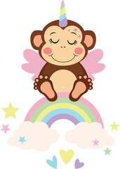 Magical Unicorn Monkey on a Rainbow with Clouds and Stars