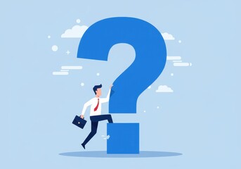 Businessman climbing a giant question mark in minimalist illustration