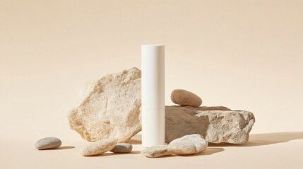 A clean setup of a white lip balm tube standing upright, surrounded by small natural stones on a beige background