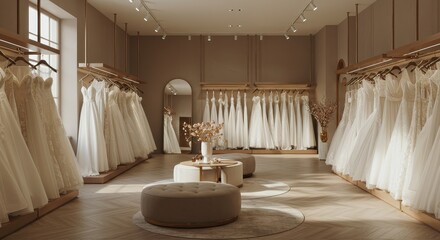 Elegant bridal boutique showcasing luxurious wedding gowns in serene atmosphere