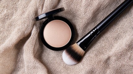 A flat-lay of compact powder and a makeup brush, placed on a textured linen fabric