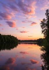 Fototapeta premium Tranquil sunset over serene lake with vibrant clouds and reflective water surface