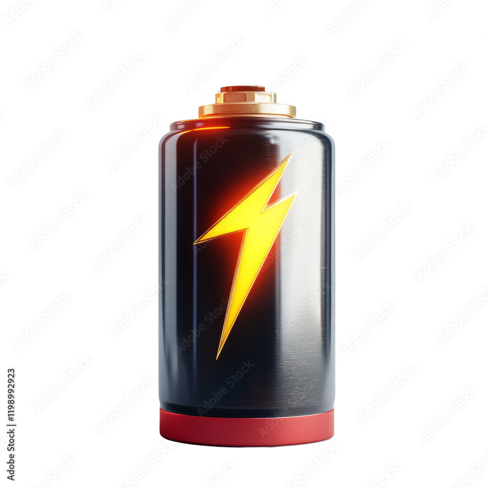 Poster a 3d rendered image depicts a cylindrical battery with a lightning bolt symbol, signifying high powe