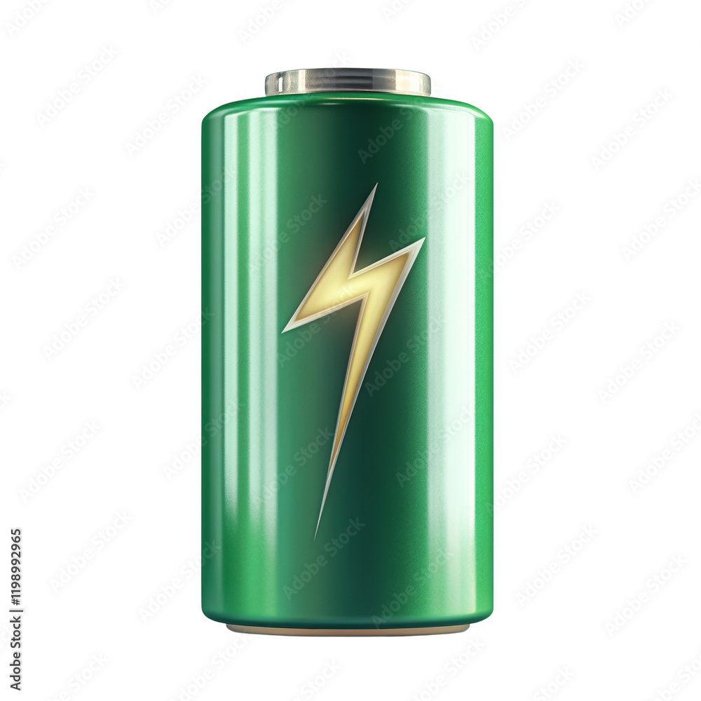Poster a digitally rendered image shows a large green cylindrical battery with a lightning bolt symbol indi