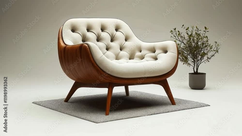 Poster a plush armchair featuring a tufted design and wooden frame is placed on a soft rug against a neutra