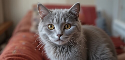 Close-up portrait of a beautiful fluffy grey cat with striking yellow eyes, sitting on a red couch, adorable pet.