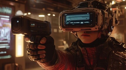 Young Person Wearing VR Headset and Aiming Futuristic Weapon in Cyberpunk City
