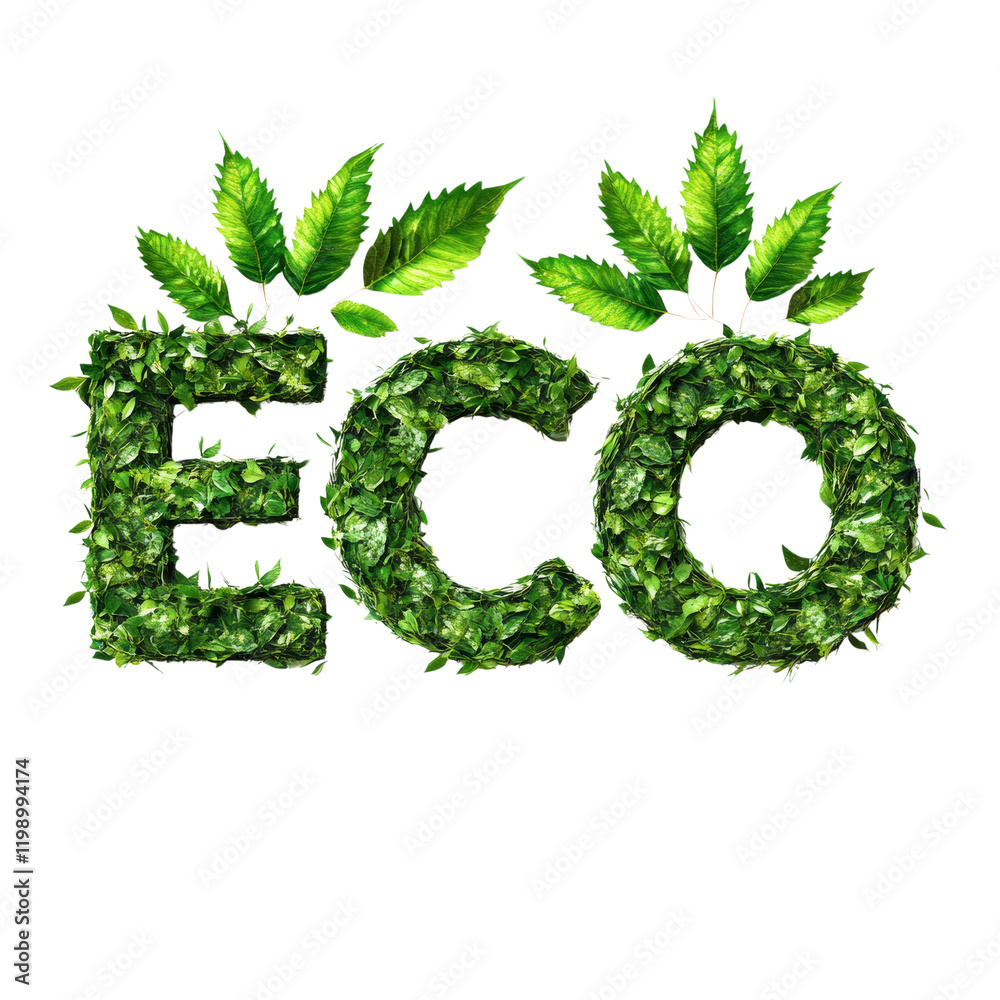 Poster the image shows the word eco formed from green leaves on a white background with additional leaves a