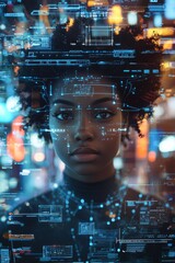 Fototapeta premium A young American African woman stands at the center of an abstract cityscape, surrounded by glowing digital screens and holographic images