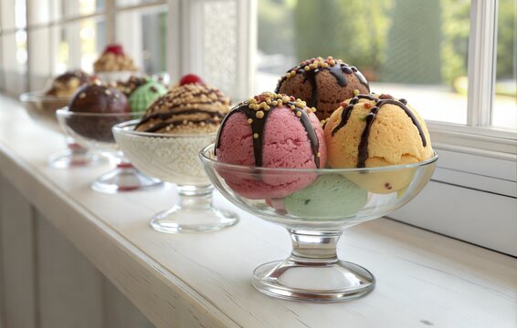 Delicious ice cream sundaes with toppings served in elegant bowls on a sunny window sill