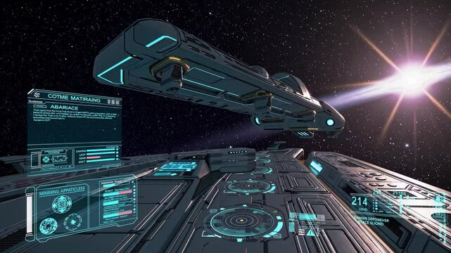 Journey through space aboard a futuristic spacecraft navigating distant galaxies