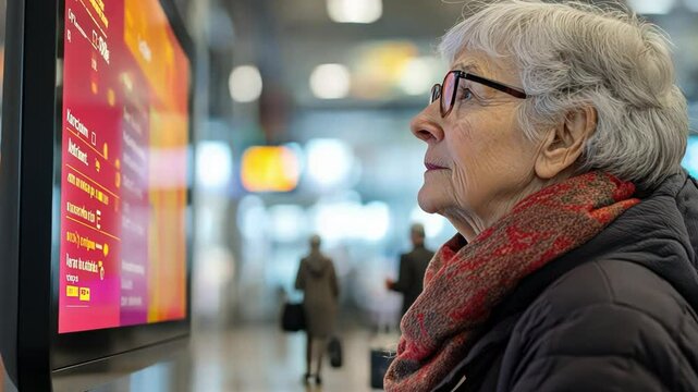 An elderly passenger carefully studies the overhead display, double-checking their gate information to ensure a smooth boarding experience
