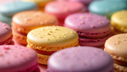 Fototapeta premium close-up, Colorful macaron assortment on dessert background, sweet indulgence