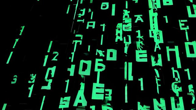 Glowing green alphanumeric characters cascading down a black background, inspired by digital code and cyber