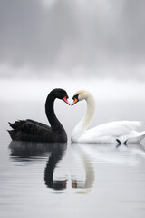 Fototapeta premium Black swan and white swan swimming on winter lake. Swans face each other with necks forming heart shape