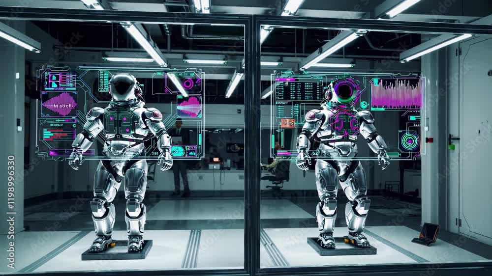 Poster high-tech robotics lab showcases advanced humanoid robots in futuristic environment