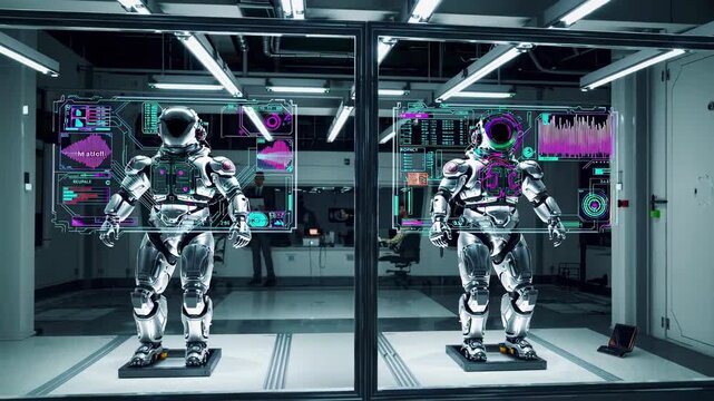 High-tech robotics lab showcases advanced humanoid robots in futuristic environment
