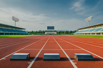 Obraz premium Athletic Stadium With A Focus On The Starting Line Of A Running Track, Highlighting The Intensity Of Track And Field Events. Generative AI