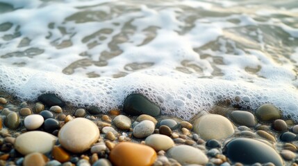 Foamy Ocean Waves Crashing Over Smooth Pebbles on a Sandy Beach