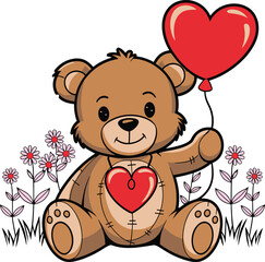 Adorable Teddy Bear Holding Red Heart Balloon in Flower Field