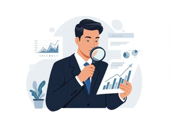Businessman analyzing data with magnifying glass and charts