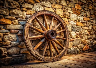 Obraz premium Antique Wooden Carriage Wheel on Old Stone Wall - Photorealistic AI Art