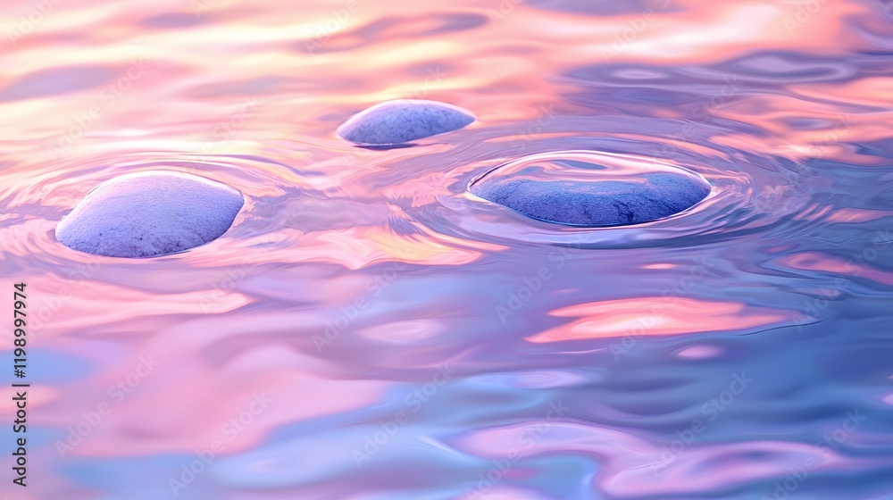 Poster soft flowing water ripples over smooth stones, illuminated by gentle pastel light, abstract reflecti