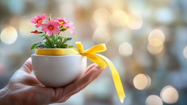 Geranium blooming in white ceramic and yellow ribbon bow and label with the words thank you,Expressions of Generosity & Kindness ,concept 