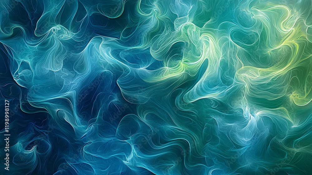 Poster abstract glowing lines weaving seamlessly in a flowing pattern, calming blue and green hues