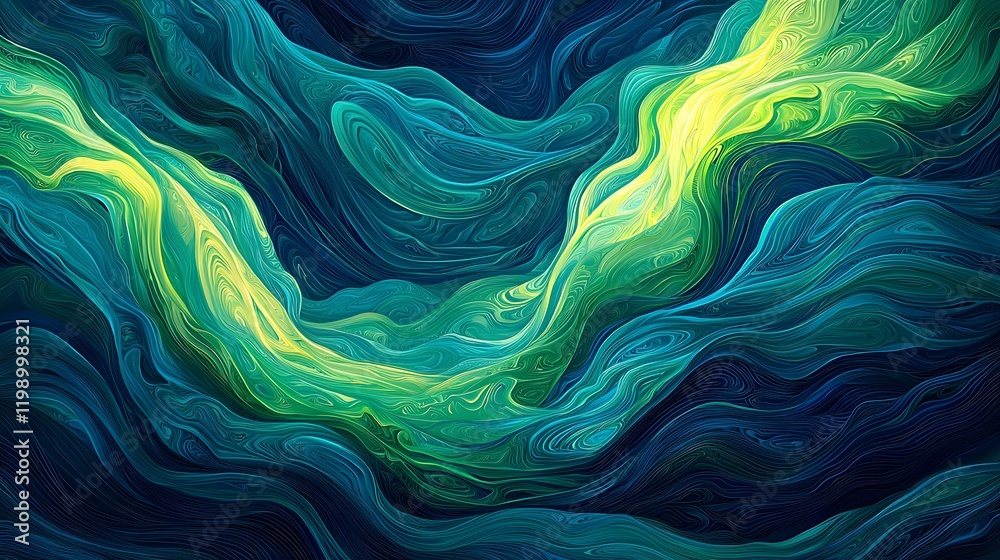Poster abstract glowing lines weaving seamlessly in a flowing pattern, calming blue and green hues
