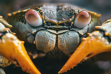 A close-up shot of a crab's face, with its eyes and mouth visible