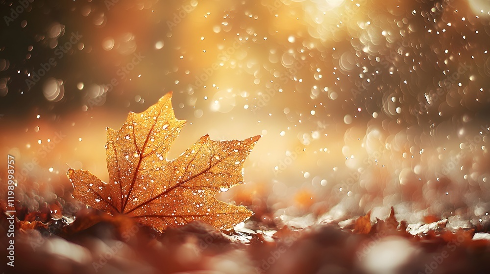 Poster Close-up of raindrops sliding down a leaf with blurred bokeh in the background, soft earthy tones