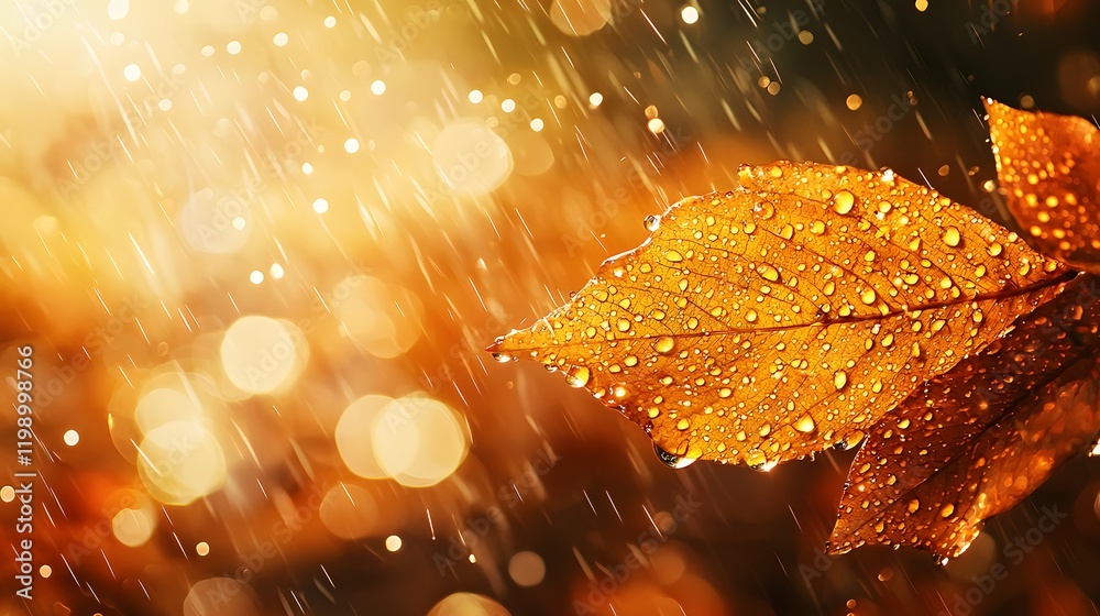 Poster Close-up of raindrops sliding down a leaf with blurred bokeh in the background, soft earthy tones